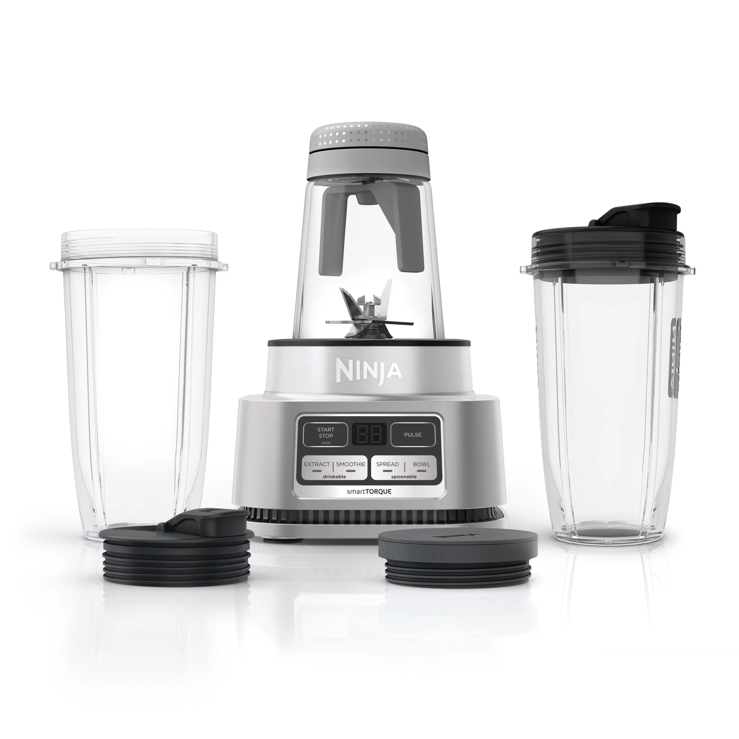 Ninja SS101 Foodi Smoothie Maker and Nutrient Extractor 1200 WP， 6 Functions Smoothies， Extractions， Spreads， smartTORQUE， 14-oz. Smoothie Maker， (2) To-Go Cups and Lids， Silver