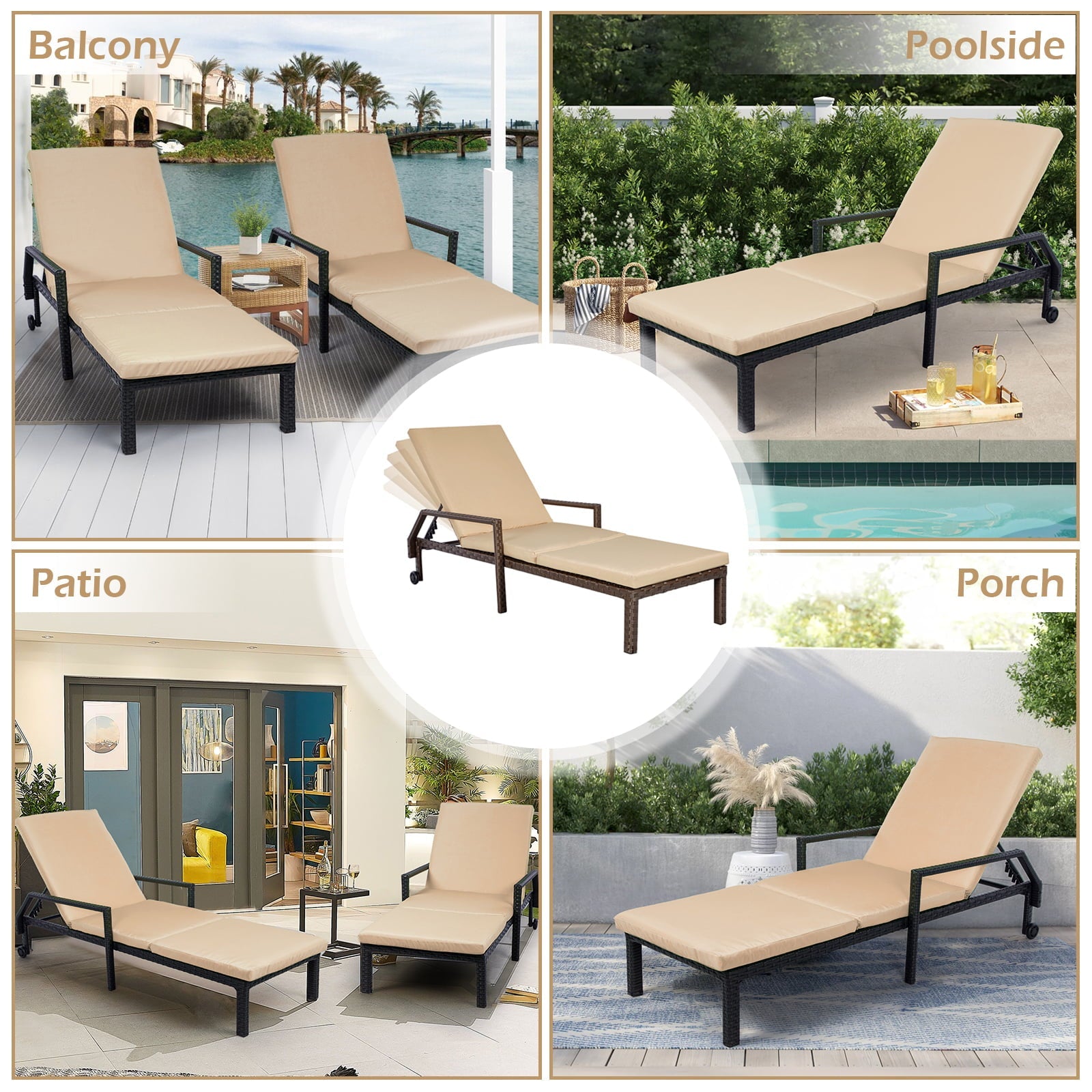 YODOLLA Adjustable Outdoor Chaise Lounge Chair Rattan Wicker Patio Lounge Chair Set of 2 with Cushion and Wheels for Lawn Beach Pool Backyard, Brown