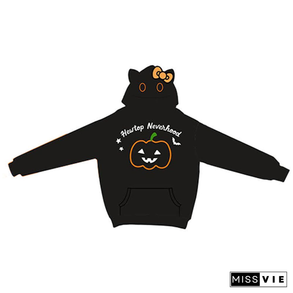 Pumpkin Letter Embroidery Pocketed Kitty Ears Plush Hoodie