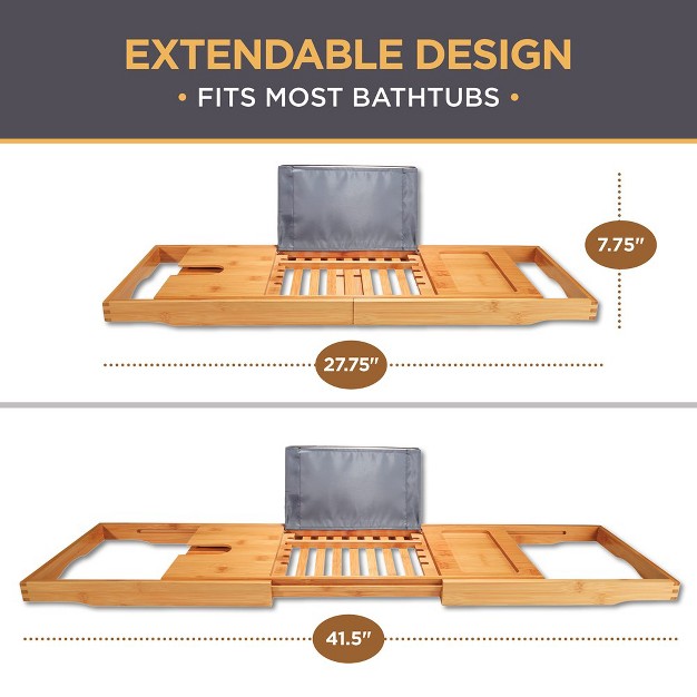 Bambusi Bamboo Bathtub Tray With Extending Sides Reading Rack Tablet Holder Cellphone Tray amp Integrated Wine Glass Holder