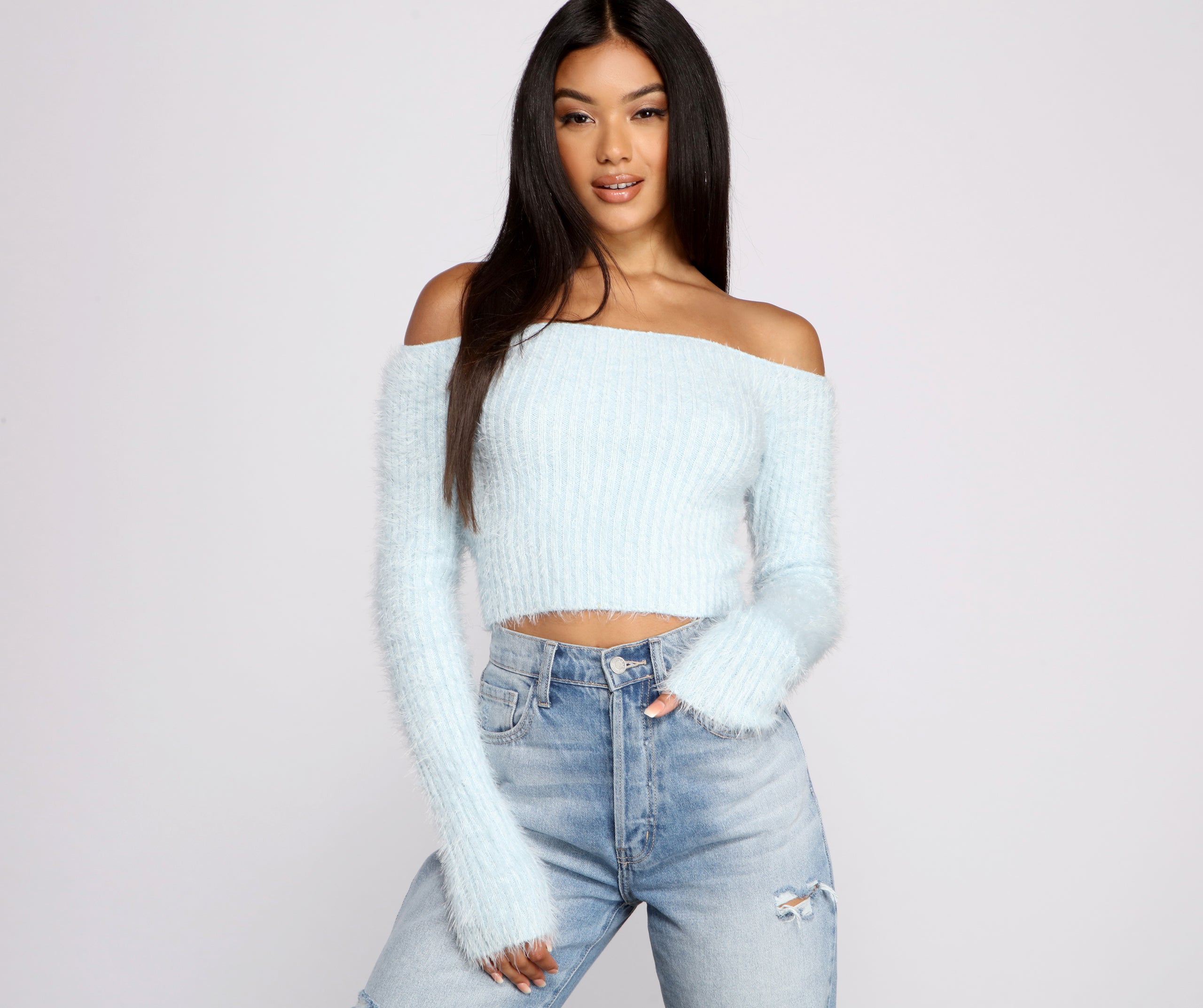 Off The Shoulder Ribbed Eyelash Knit Sweater