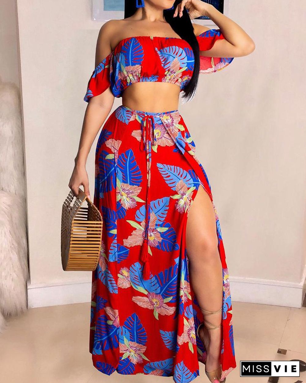 Off Shoulder Tropical Print Crop Top & High Slit Maxi Skirt Set