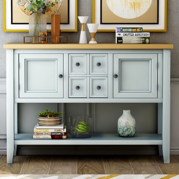 Wooden Console Table with 4 Storage Drawers and 2 Cabinets， Sofa Table with Bottom Shelf and Solid Wood Legs， Lime White