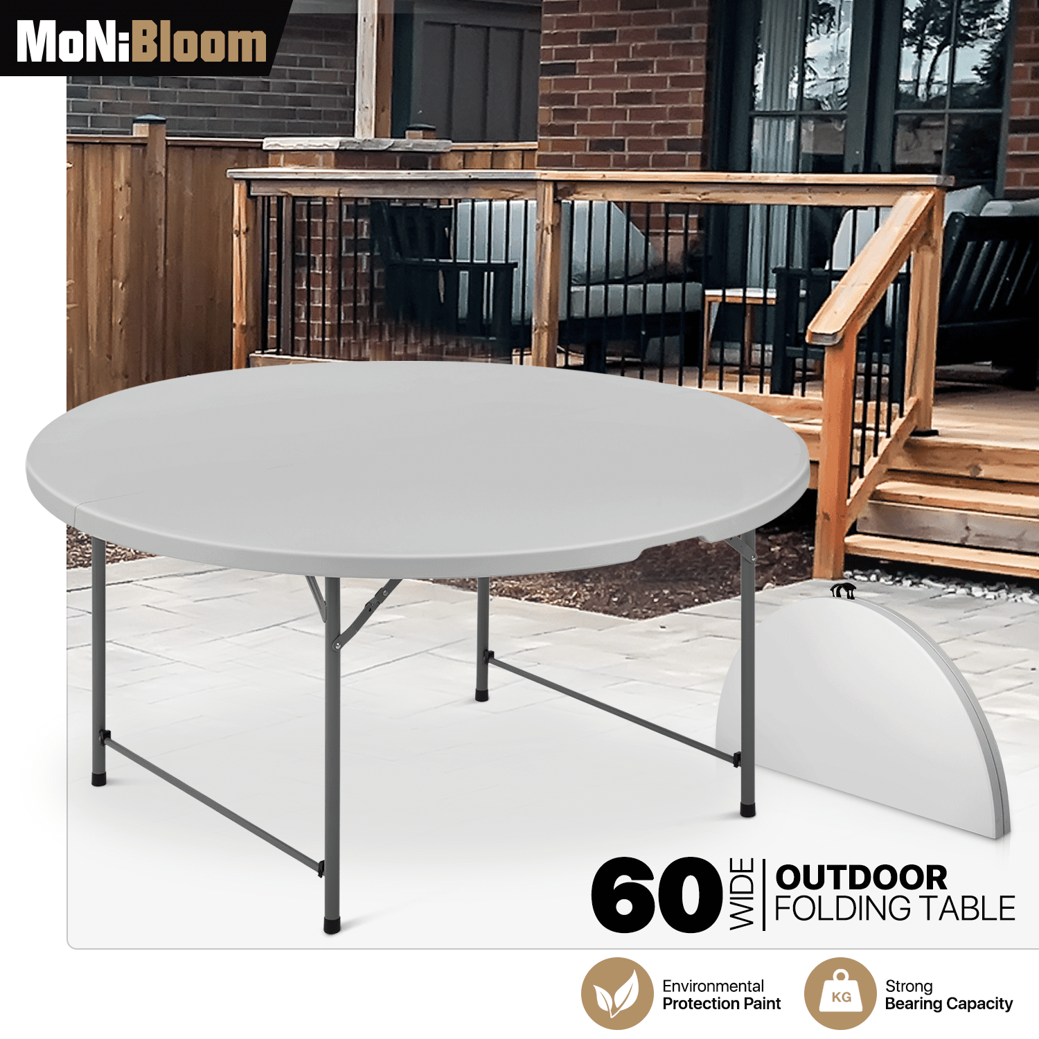 MoNiBloom 5 foot Round Bi-Fold Plastic Table， Metal Frame Indoor Outdoor 60 Inch Foldable Desk for Kitchen Party Wedding， Grey