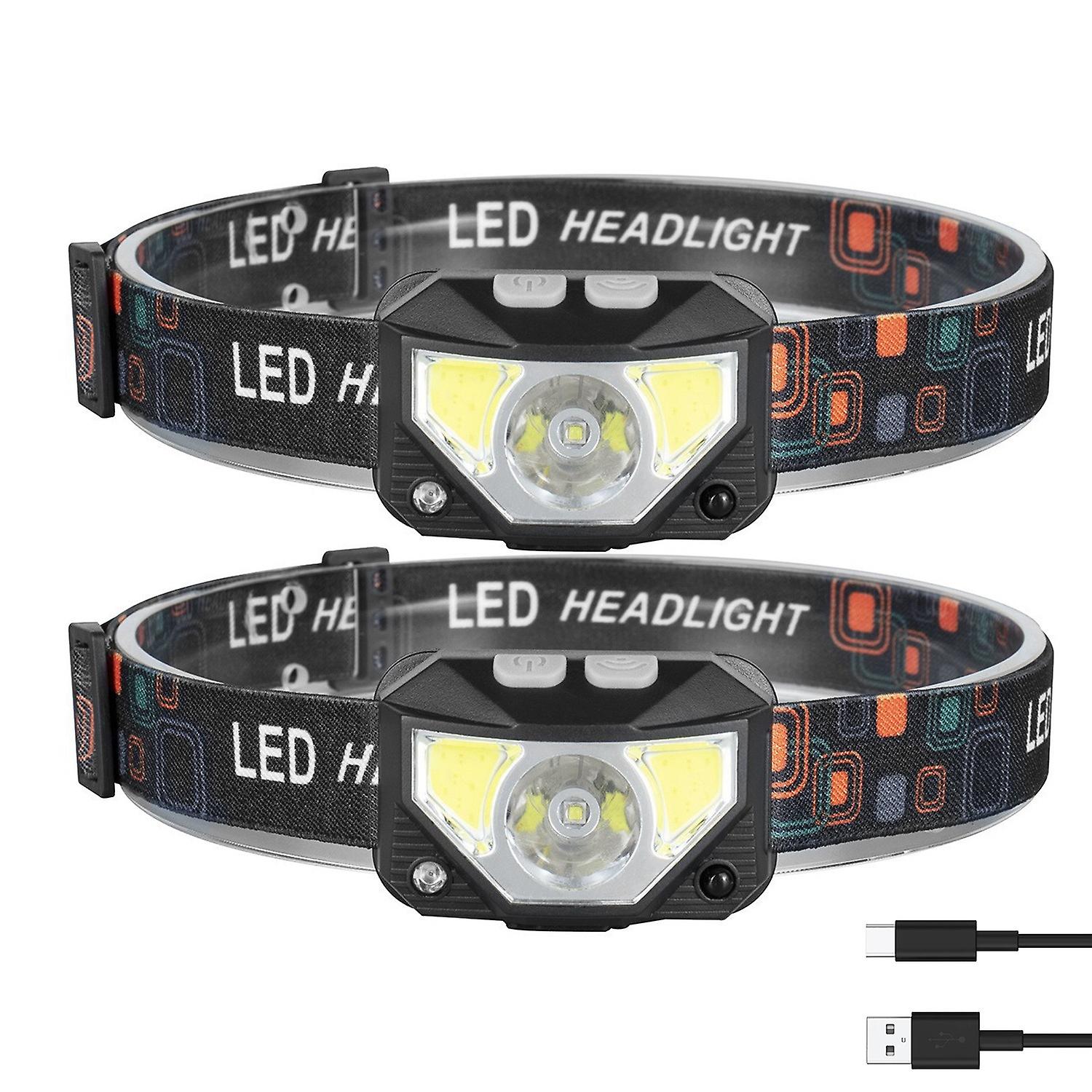 2packs Rechargeable Motion Sensor Headlamp 6 Light Modes Headlight Torch Flashlight For Fishing Running Camping Hiking