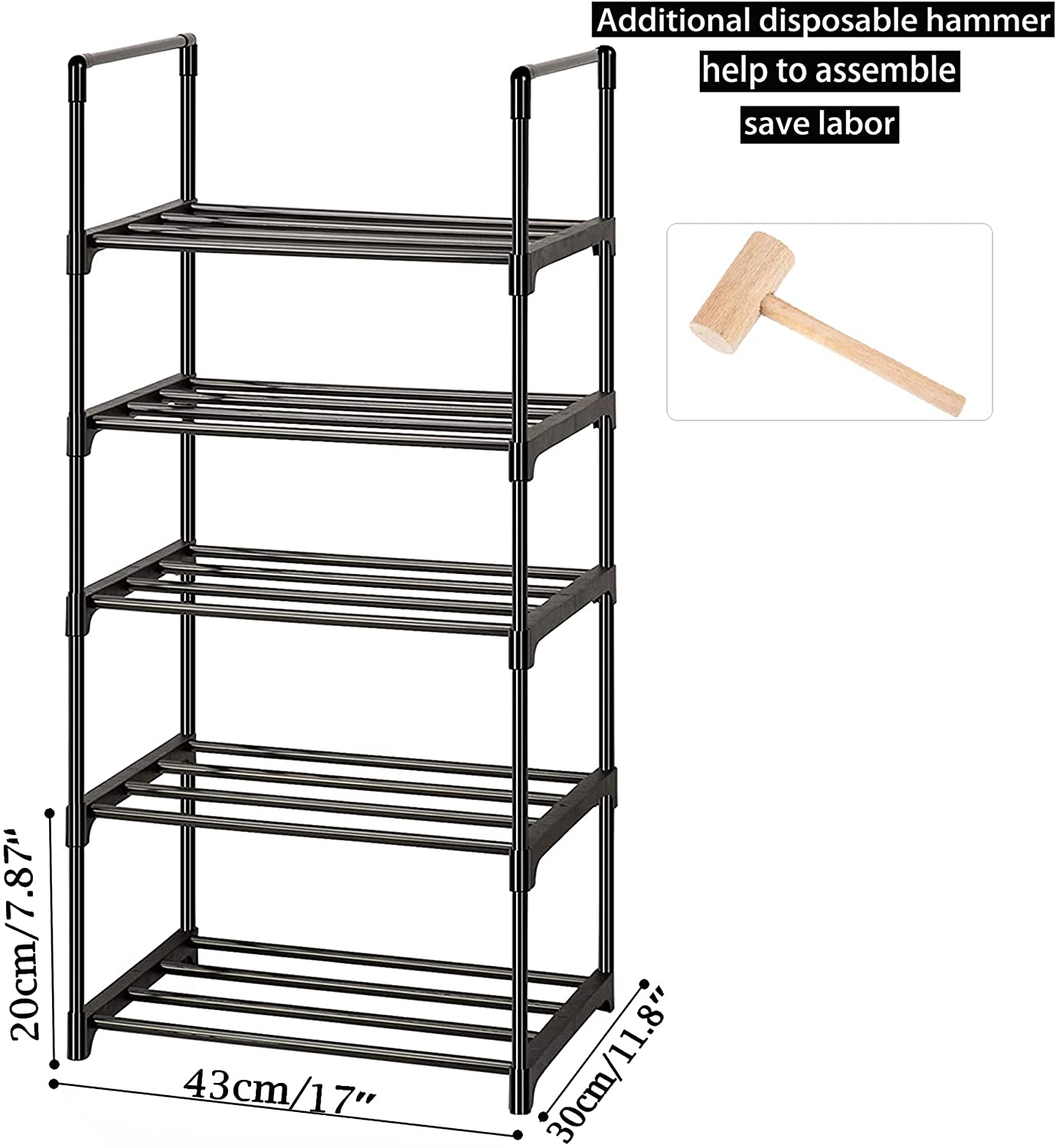 OYREL 5-Tier Stackable and Adjustable Shoe Rack， Sturdy Metal and Plastic， Black