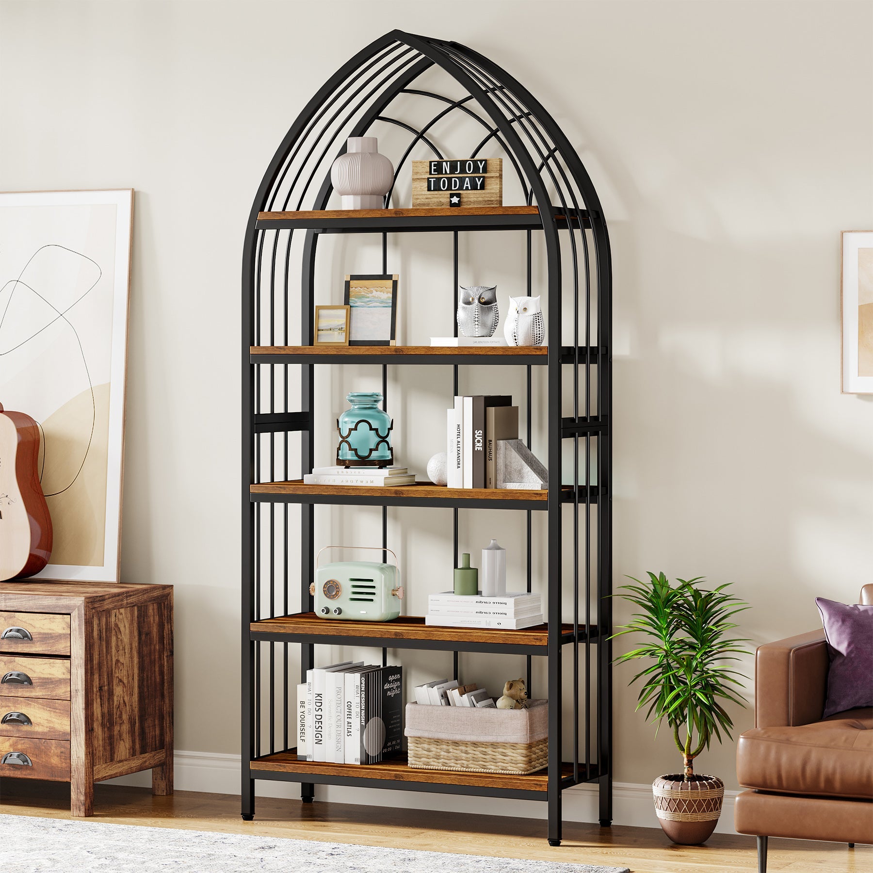 5-Tier Bookshelf, 74.8 Industrial Curved Bookcase Freestanding Display Shelf