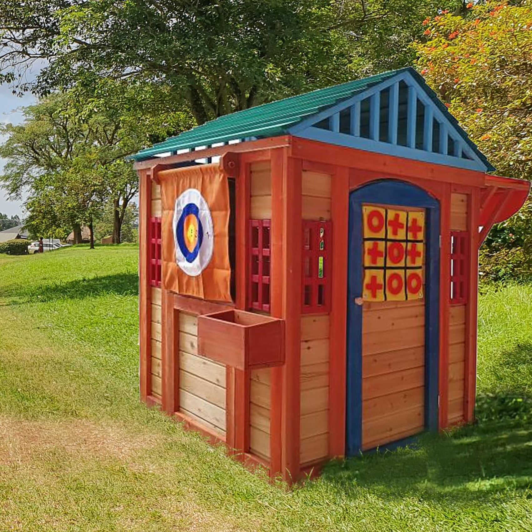 Game House for Kids 4-in-1 Garden Playhouse with Different Games on Every Surface, Solid wood, 61.4"L x 45.98"W x 64.17"H