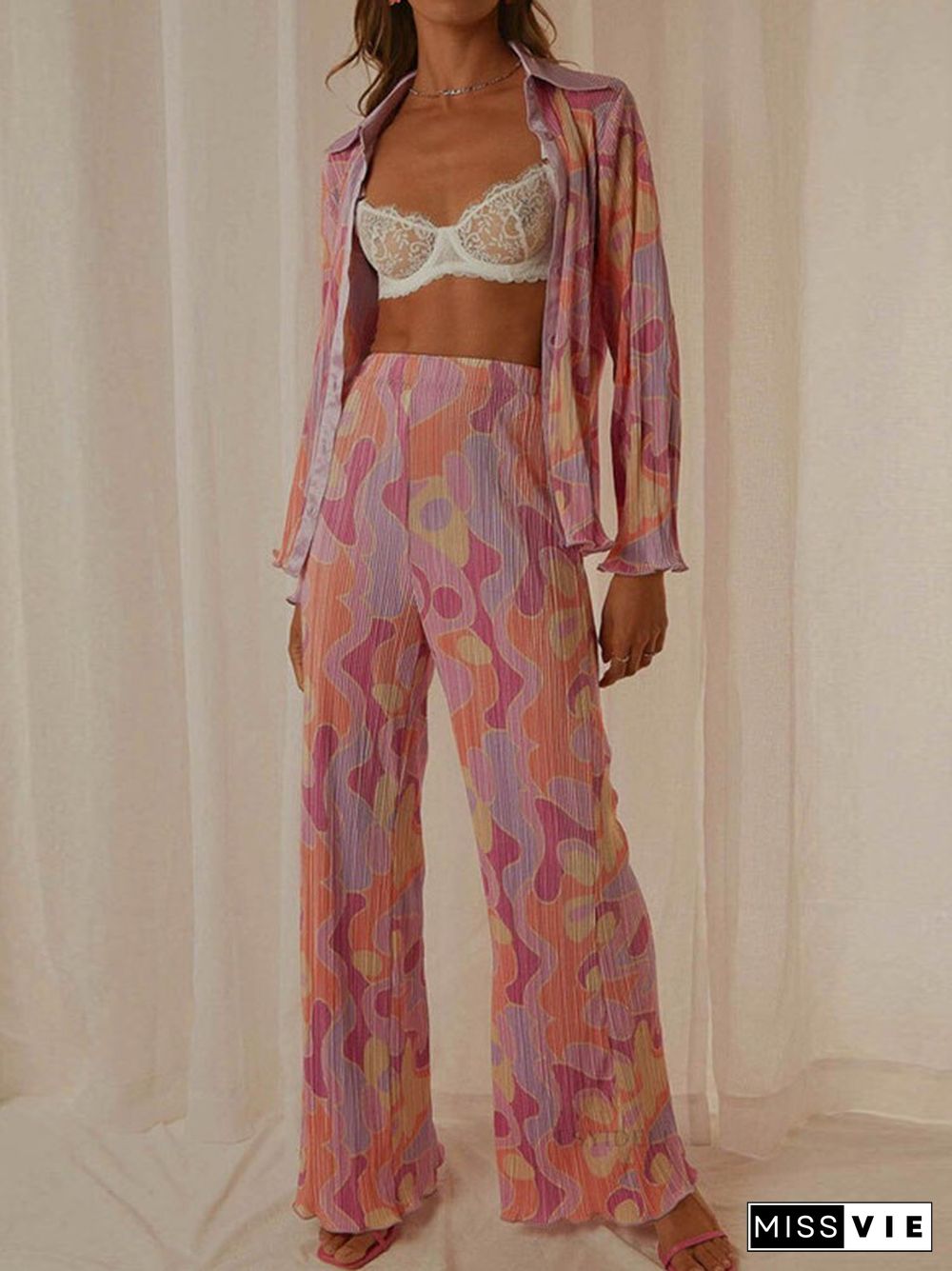 Spring Summer Women Shirt Suits New Cute Fashion High Street Flower Print Long Sleeve Lapel Cardigan + Long Pants Two Piece Set