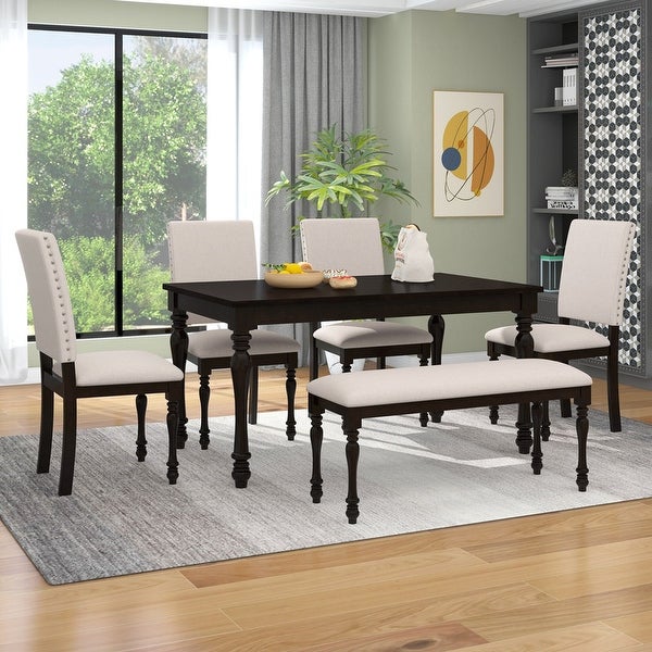 Designed 6-piece dining table set with wooden dining table， 4 upholstered chairs， nail head trim and kitchen dining bench