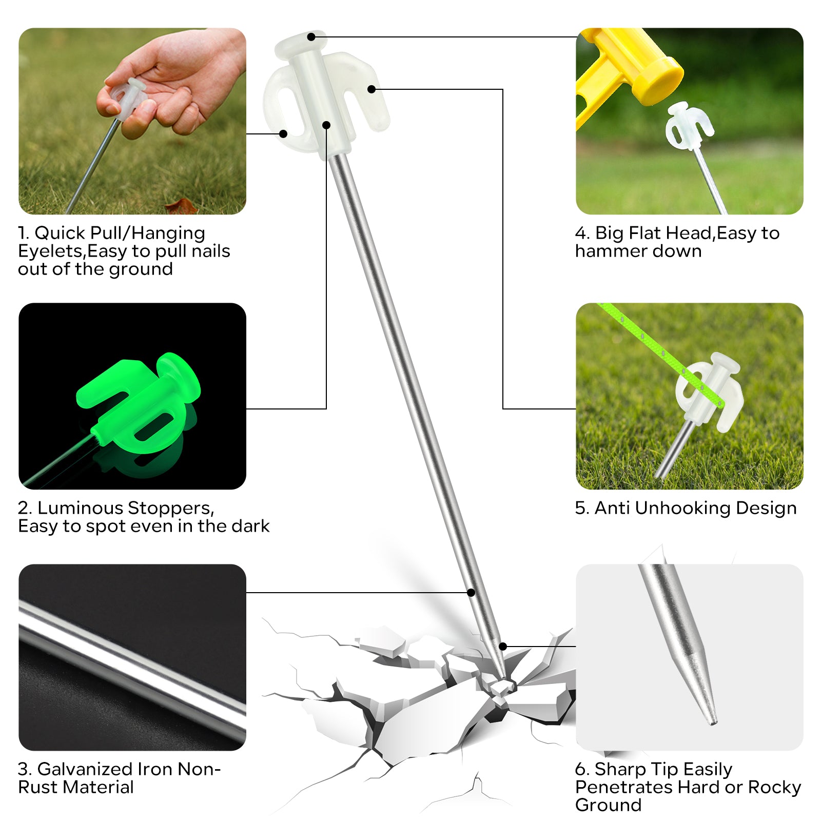 SAN LIKE 20pcs Tent Stakes Heavy Duty Tent Stakes Pegs Windproof Metal Stakes with Luminous Head for Pitching Camping Tents Outdoor All Kinds of Ground