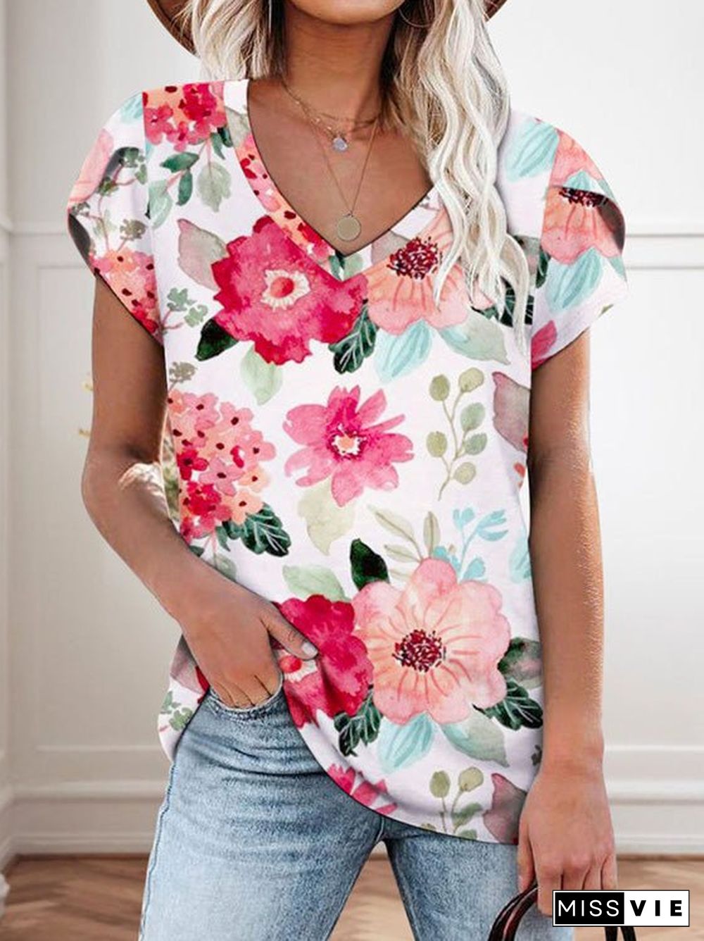 Women'S T-Shirts Floral Print V-Neck Short Sleeve T-Shirt