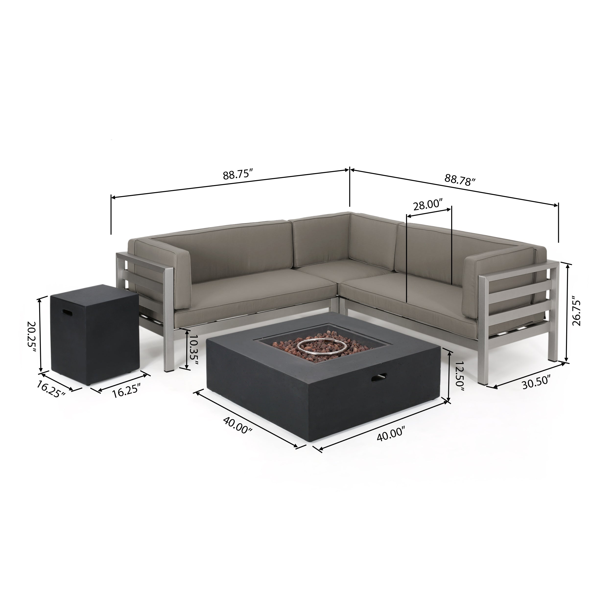 Lompoc Aire Outdoor Modern 5 Seater V-Shaped Sectional Sofa Set with Fire Pit and Tank Holder