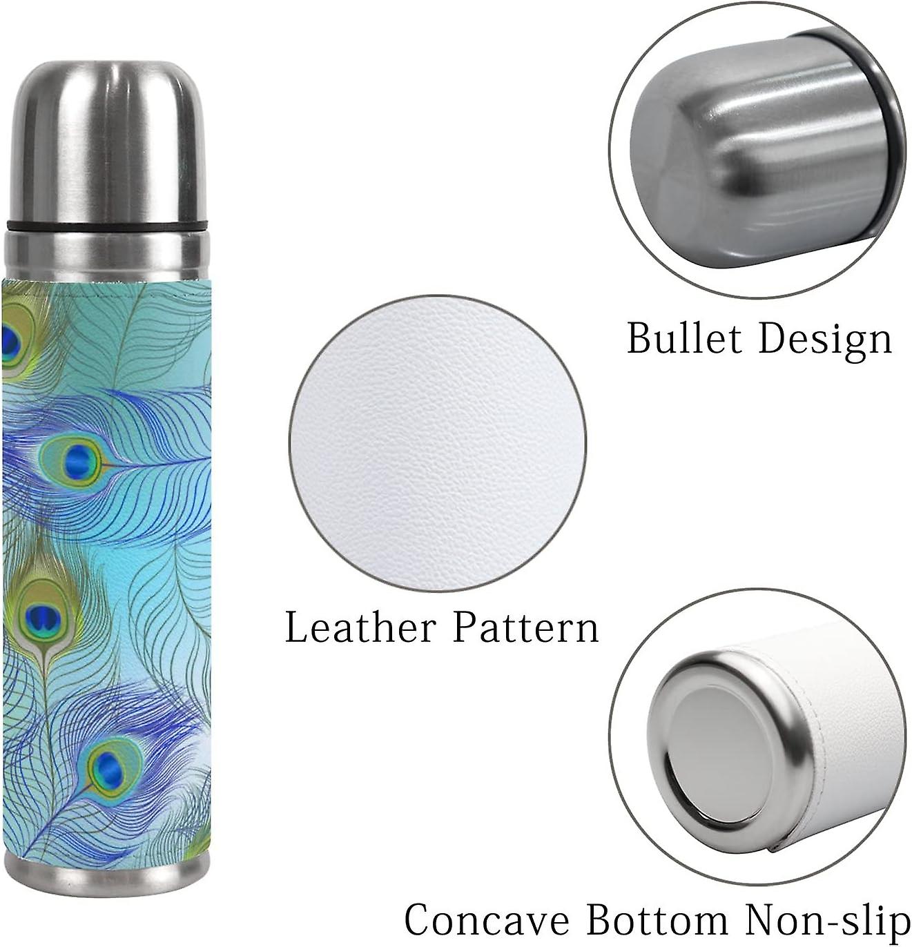 Insulated Mug Stainless Steel Water Bottle Colorful Peacock Feather Pattern Vacuum Cup Travel Mug For Office