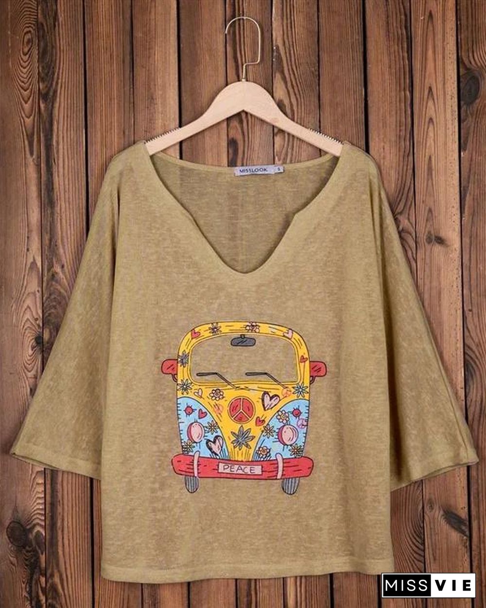 Women Daily Causal Plus Size Shift Car Printed V Neck Long Sleeve Cotton-Blend Tops