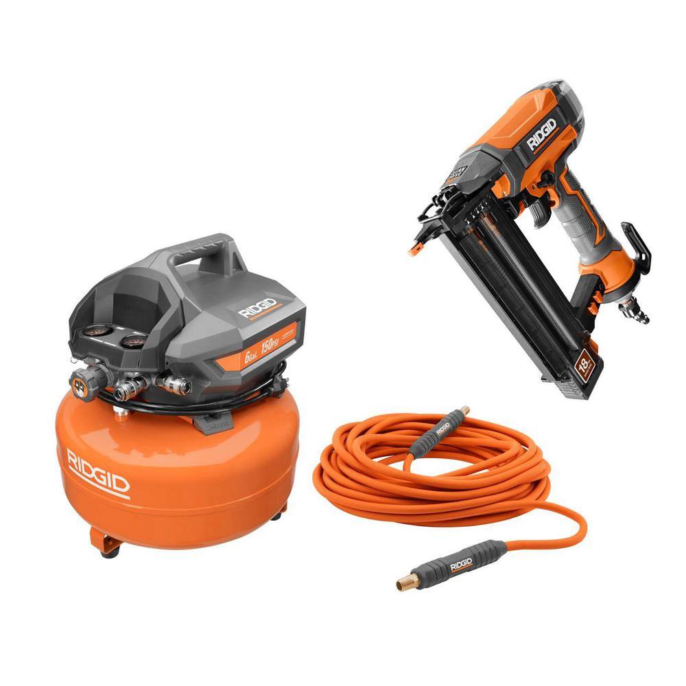 RIDGID 6 Gal. Compressor with 50ft. Lay Flat Hose and 18GA Brad Nailer OF60150HB-R5025LF-R213BNF