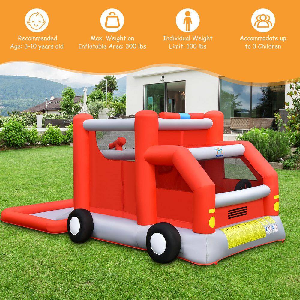 Costway Fire Truck Themed Inflatable Castle Water Park Kids Bounce House with 480-Watt Blower NP10478US