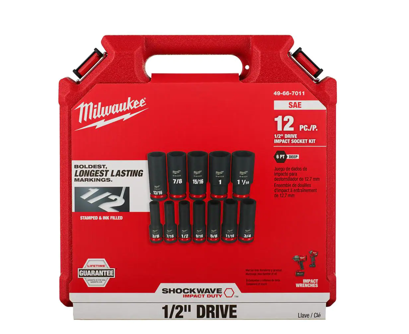 Milwaukee 2555-22-49-66-7011 M12 FUEL 12V Cordless Brushless Stubby 1/2 in. Impact Wrench Kit with 1/2 in. Drive SAE Deep Socket Set (12-Piece)