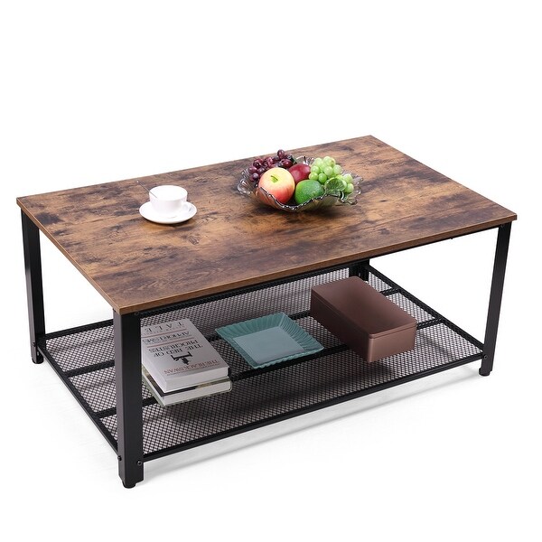 Retro Industrial Coffee End Table with Storage Mesh Shelf