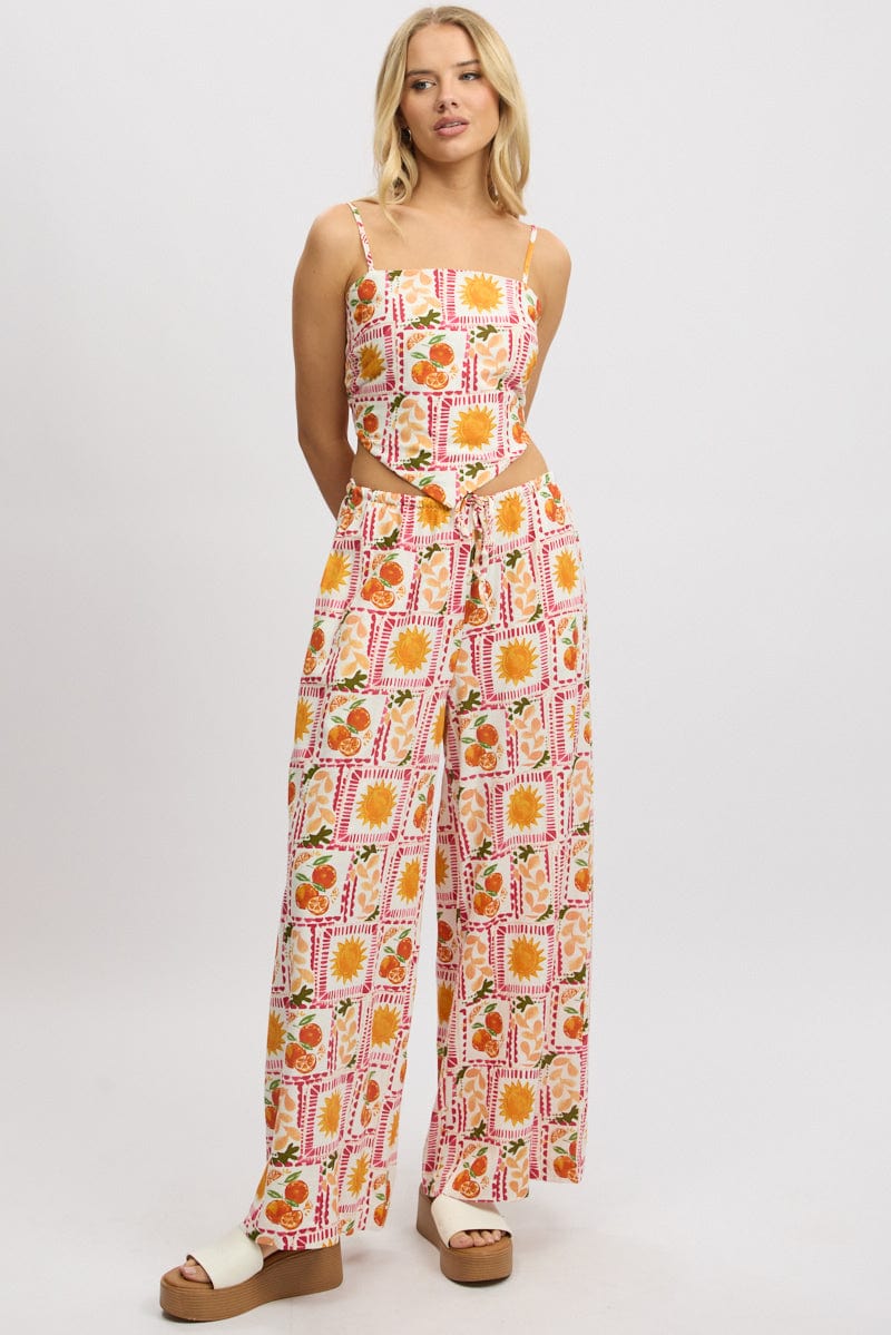 Multi Abstract Wide Leg Pants High Rise
