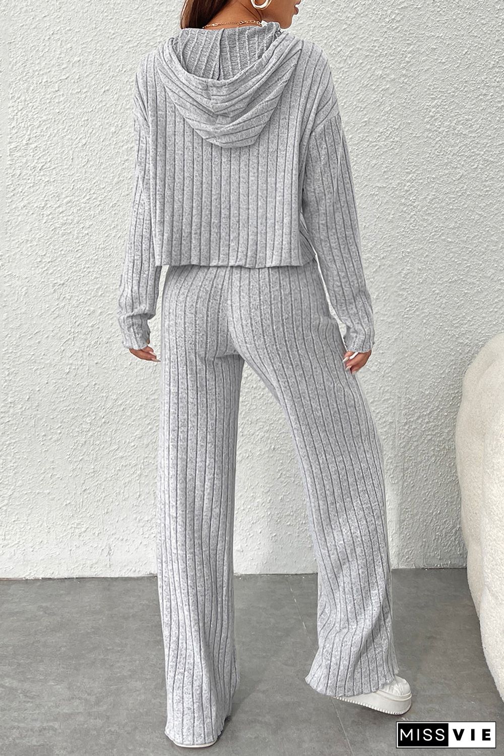 Gray Ribbed Knit Slouchy Hoodie Wide Leg Pants Set