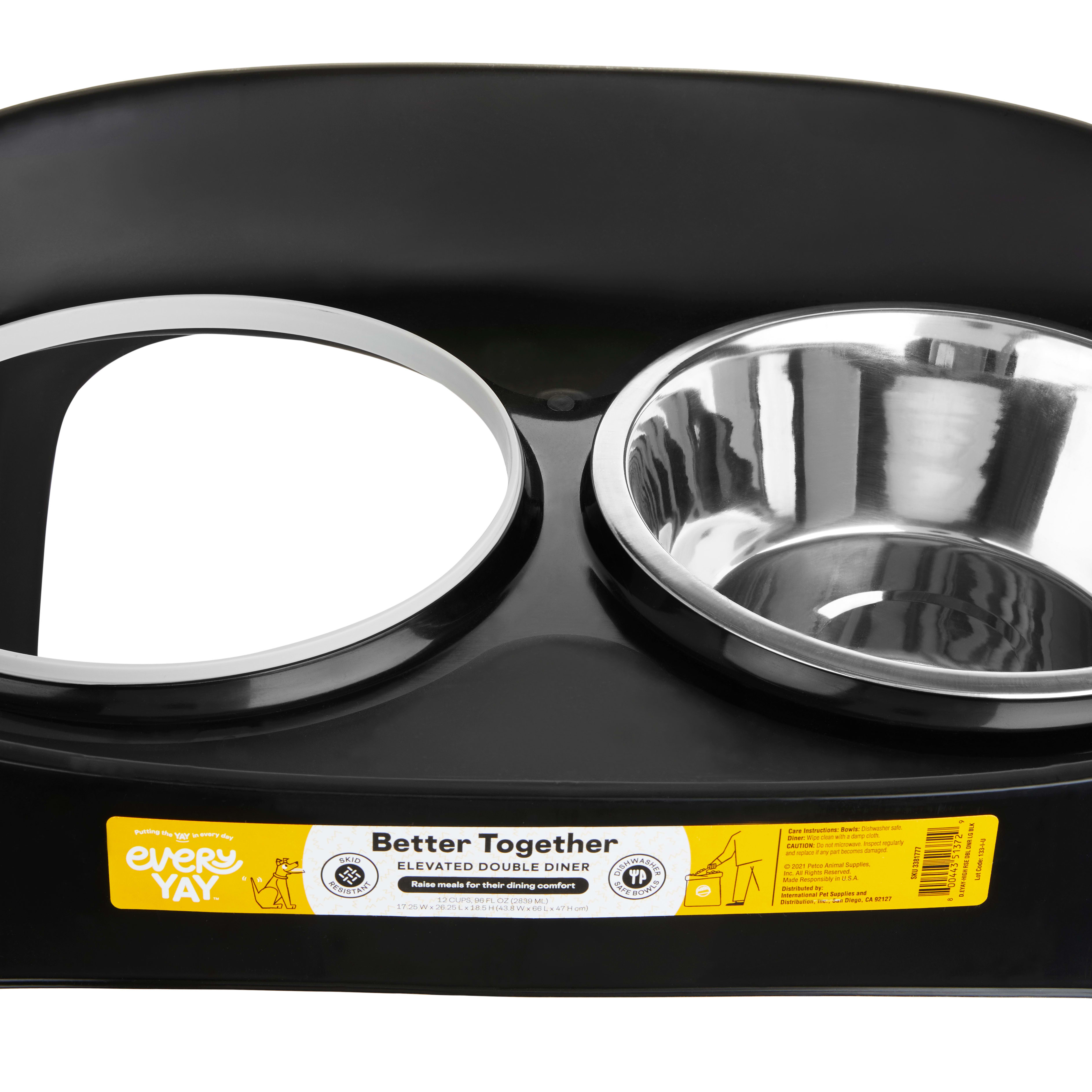 EveryYay Essentials Better Together Black Elevated Double Diner Dog Feeder， 12 Cups