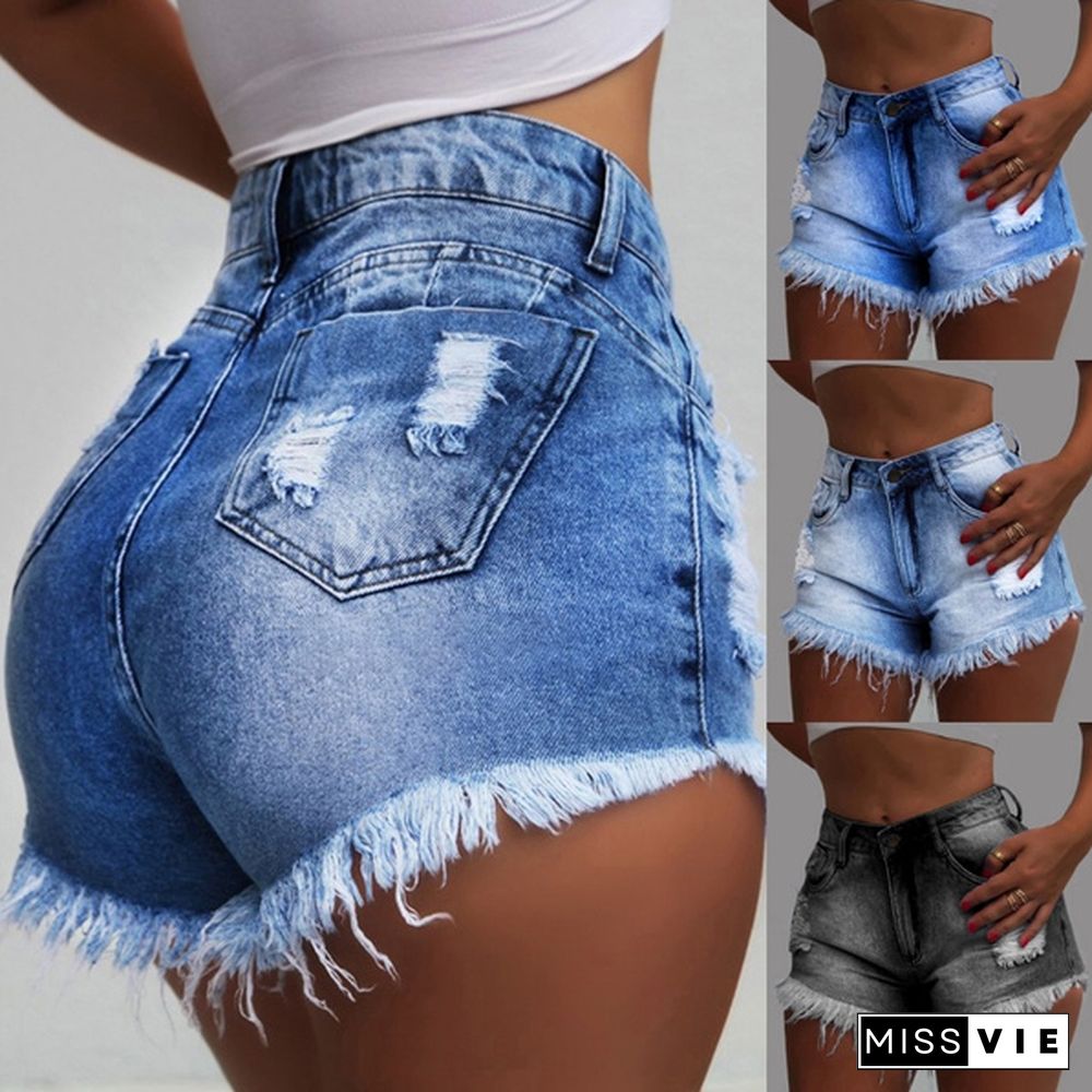 Womens Fashion Washed Frayed Denim Jean Shorts Summer Hot Pants High Waisted Shorts Jeans Feminino