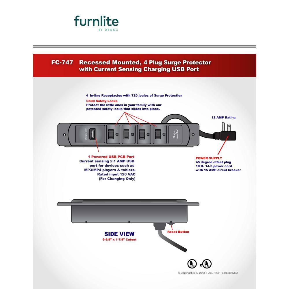 10 ft. 143 Black Power Supply Cord Recess Mount 4-Outlet with USB Port and 45-Degree Offset Plug 76.FC-747