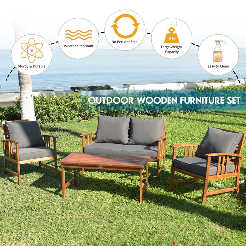 4 Pcs Acacia Wood Patio Furniture Set Outdoor Sofa Chair Conversation Set with Seat & Back Cushions