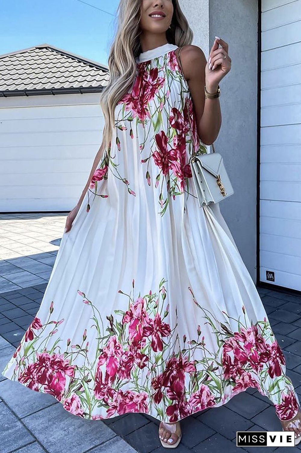 Life In Floral Pleated Halter Neck Maxi Dress