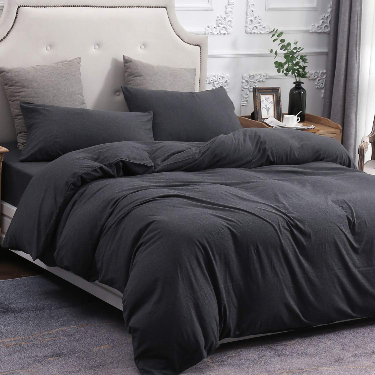 PURE ERA Duvet Cover Set - Ultra Soft Heather Jersey Knit Cotton Home Bedding Solid Black Queen Size， 1 Comforter Cover and 2 Pillow Shams