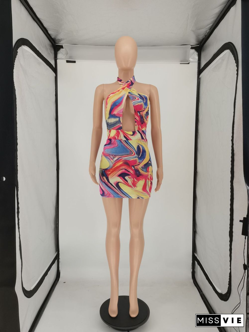 Tie Dye Print Backless Summer Sexy Hollow Out Halter Sleeveless Bodycon Club Party Mini Dress