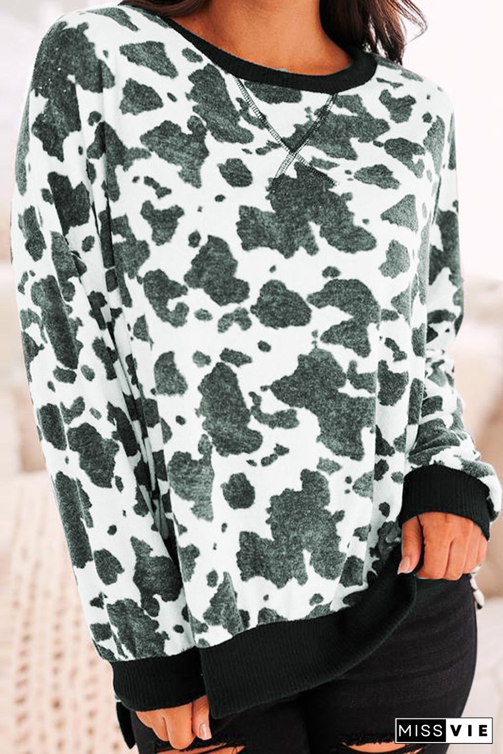 Black Oversized Crew Neck Animal Print Sweatshirt with Slits