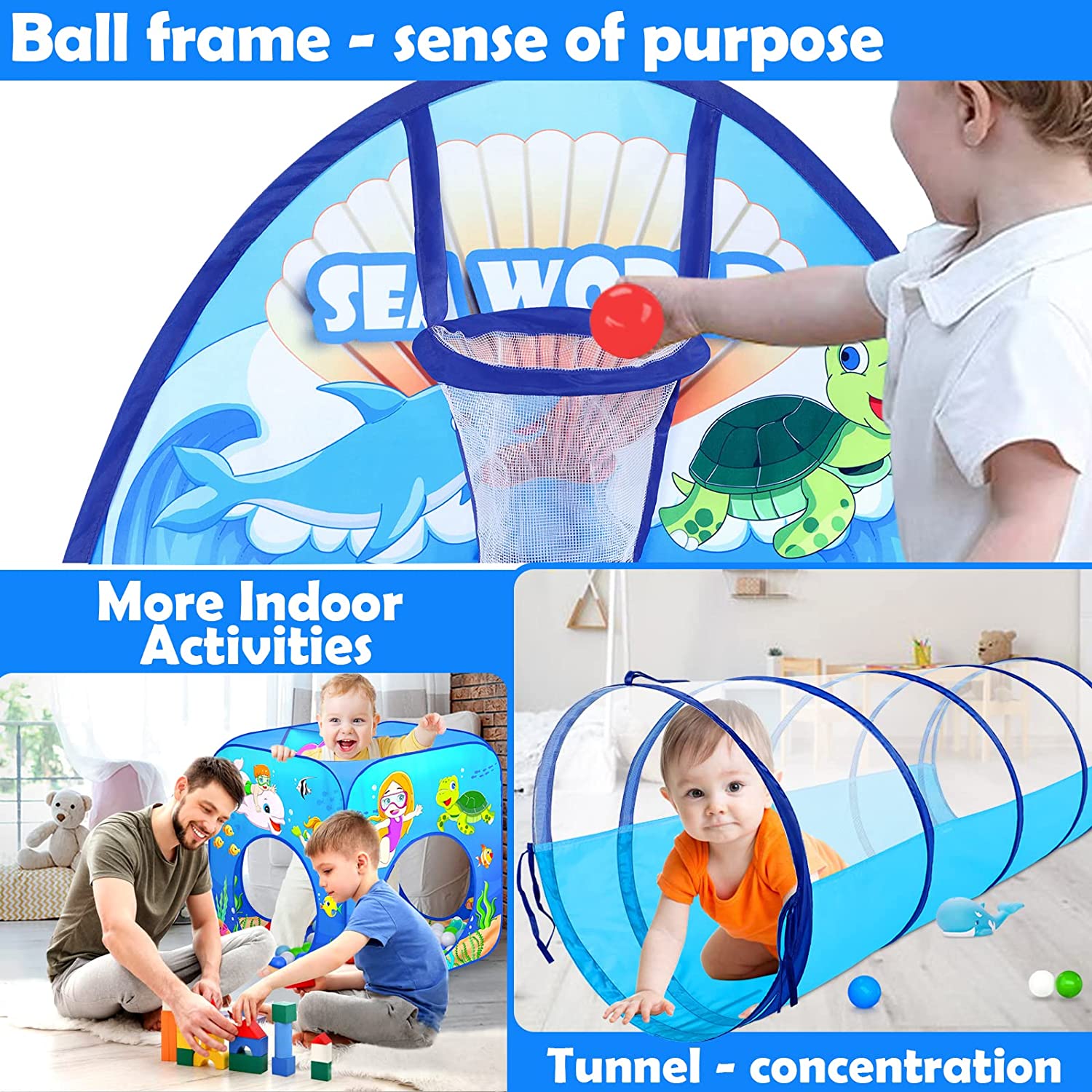 5 Piece Kids Play Tent and Play Tunnel for Toddler, Premium Ocean Kids Playhouse with 1 Baby Ball Pit, 2 Kids Play Tunnels, 2 Pop Up Tents, Kids Toys for Indoor and Outdoor Play