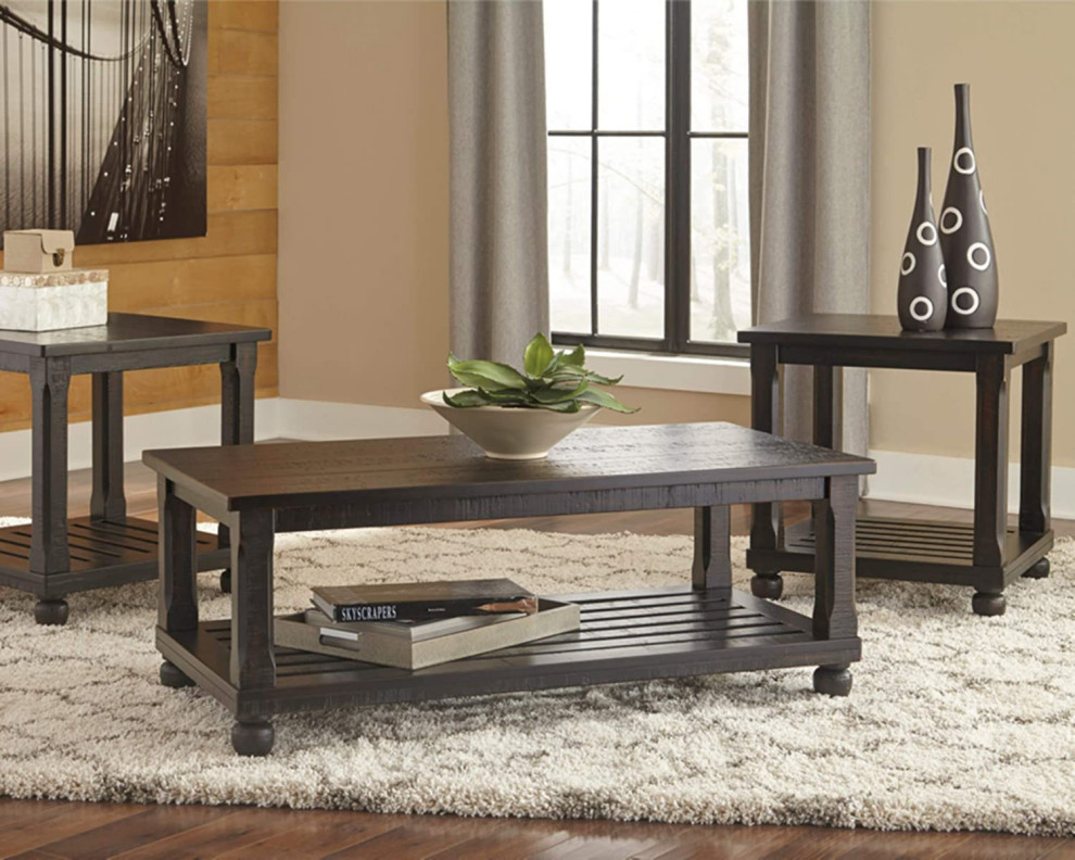 Set of 3 Coffee Table Set  Plank Style Top With Slatted Lower Shelf  Dark Wood   Traditional   Coffee Table Sets   by Decor Love  Houzz