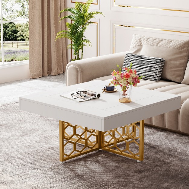 Tribesigns Modern Square Coffee Table With Gold Metal Frame For Living Room