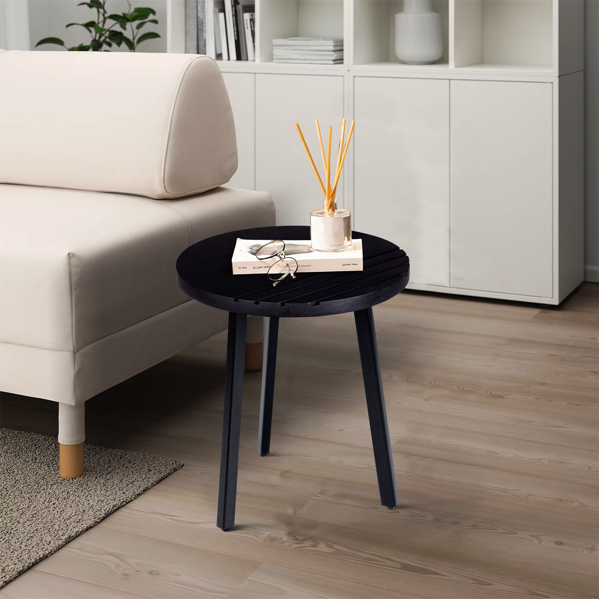 18 Inch Grooved Design Black Round Wood Side Table with Metal Legs