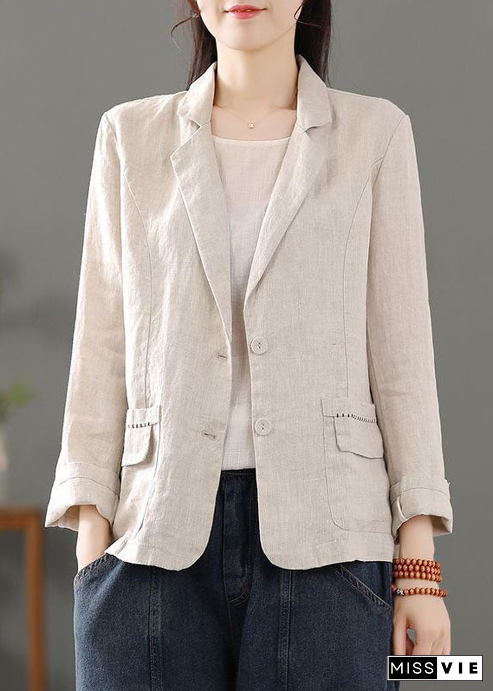 Casual Beige Pockets Patchwork Button Linen Coats Spring