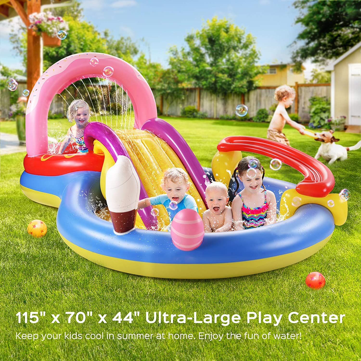 Inflatable Play Center, Hesung 115" X 70" X 44" Full-Sized Kiddie Pool with Slide, Fountain Arch, Ball Roller for Toddler, Kids, Thick Wear-Resistant Big Above Ground, Garden Backyard Water Park