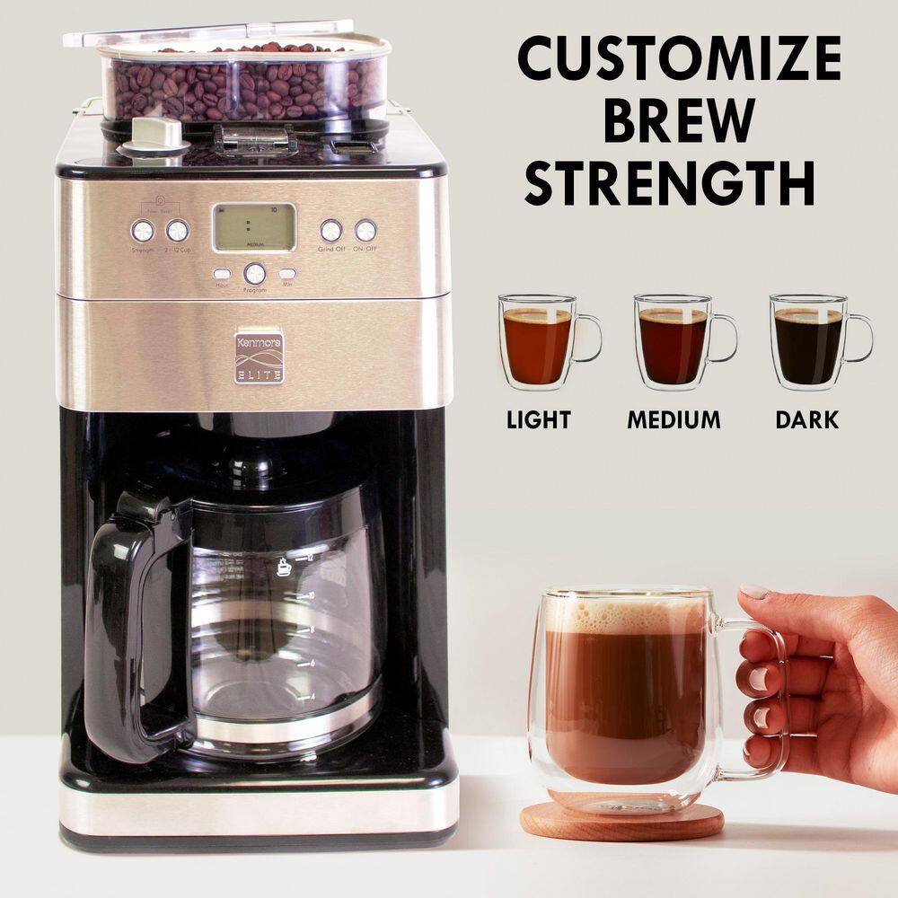 KENMORE Elite Grind and Brew black 12- Cup Coffee Maker with Burr Grinder Programmable Automatic Timer Brew KKECMGBSS