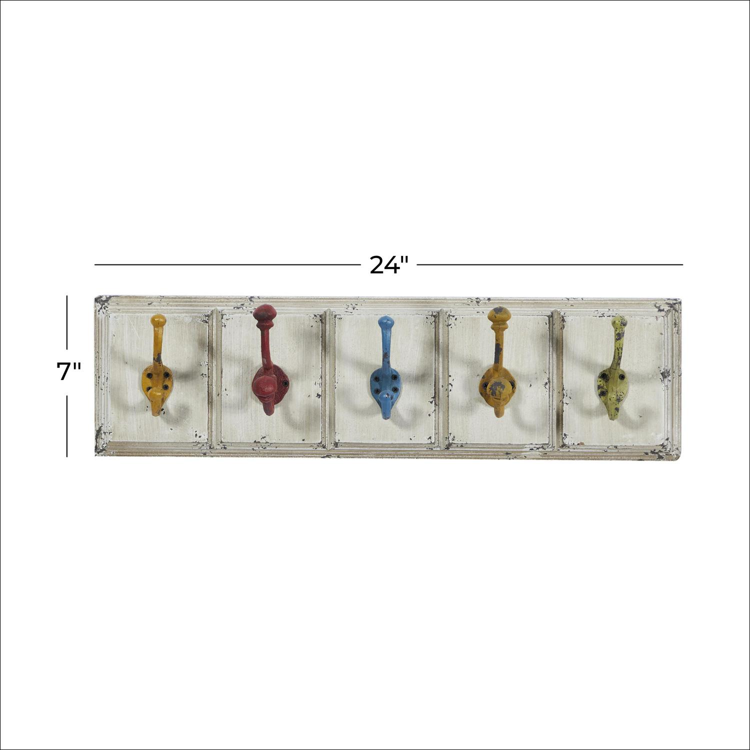 DecMode 24 x 7 White Wood 5 Hangers Wall Hook with Multi Colored Hooks， 1-Piece