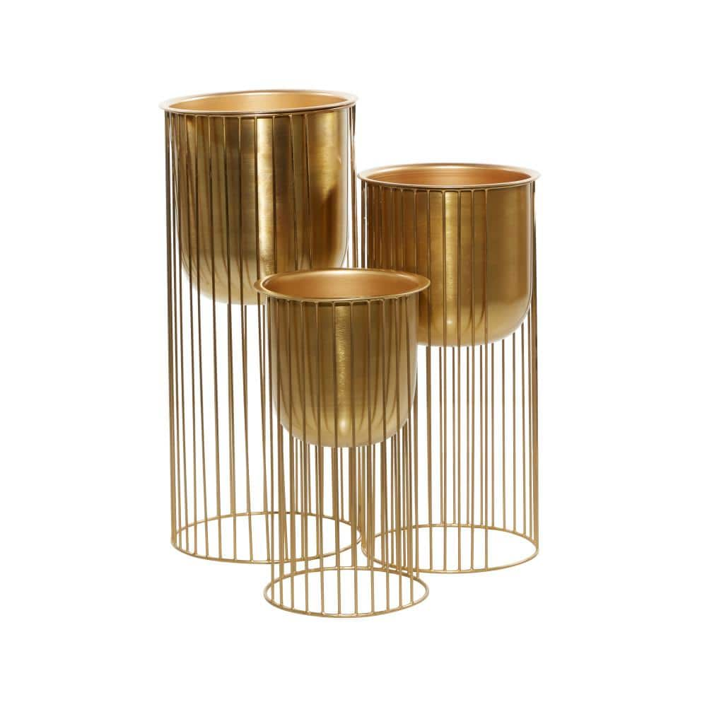 Litton Lane 24in. Large Gold Metal Deep Recessed Dome Planter with Elevated Caged Stand (3- Pack) 51982