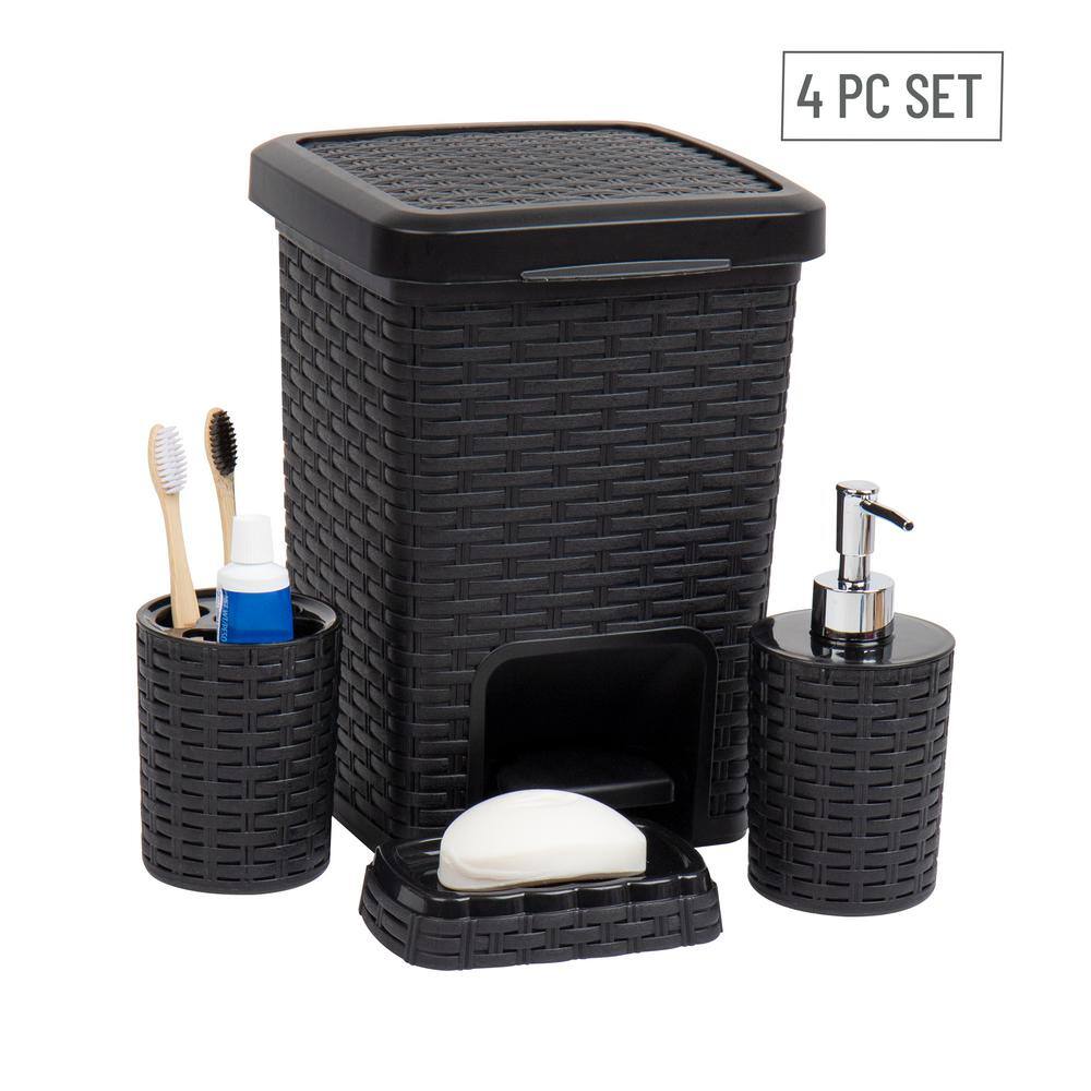 Mind Reader Basket Collection 4 Piece Bath Accessory Set Wastepaper Basket Toothbrush Holder Soap Dispenser and Soap Dish Black SQUBATH4-BLK