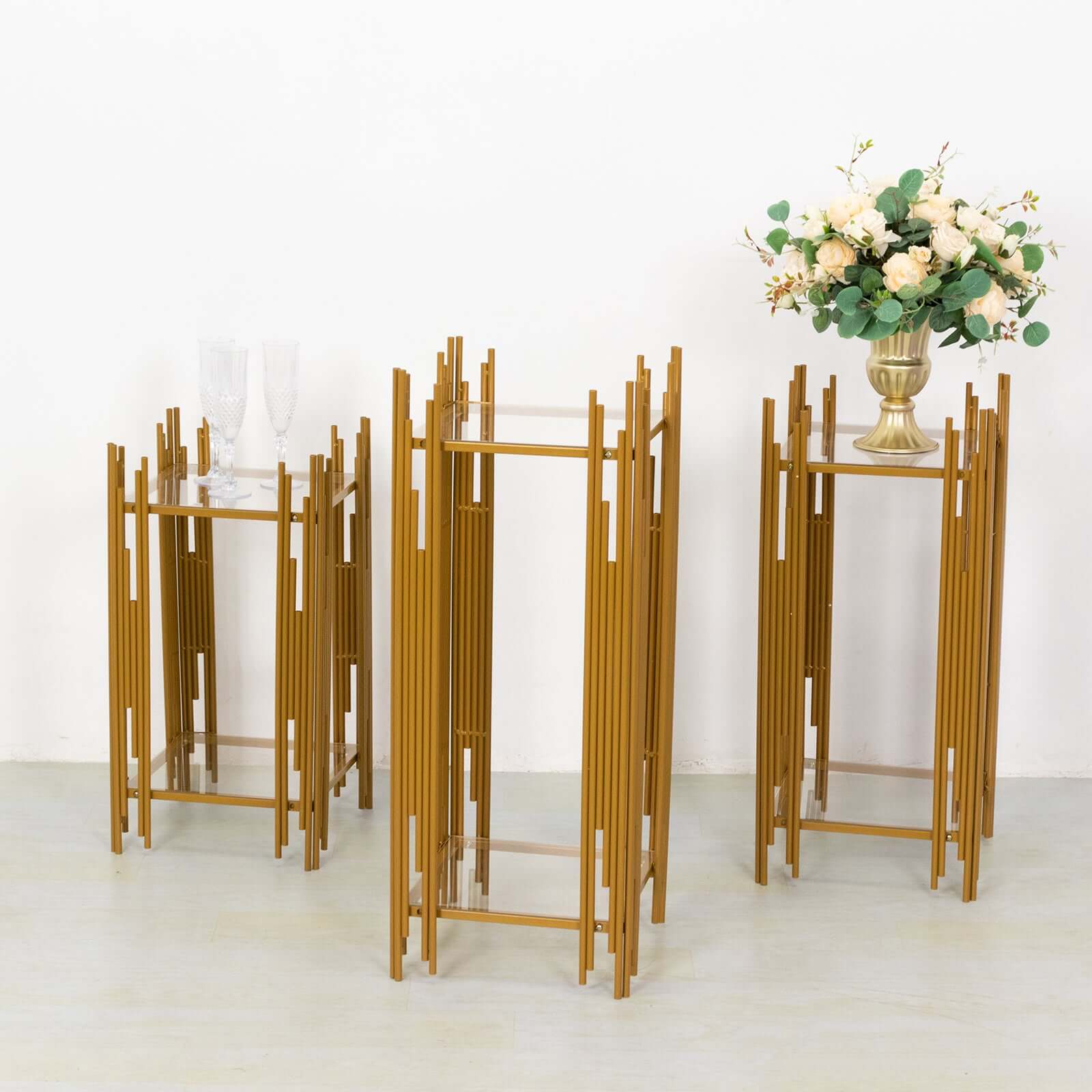 Set of 3 Gold Metal Plinths Flower Display Stands With Square Acrylic Plates, Wedding Cake Table Pedestal Stands - 26