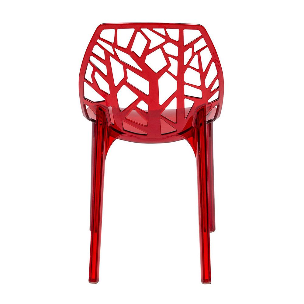 LeisureMod Cornelia Modern Spring Cut-Out Tree Design Stackable Dining Chair - Transparent Red