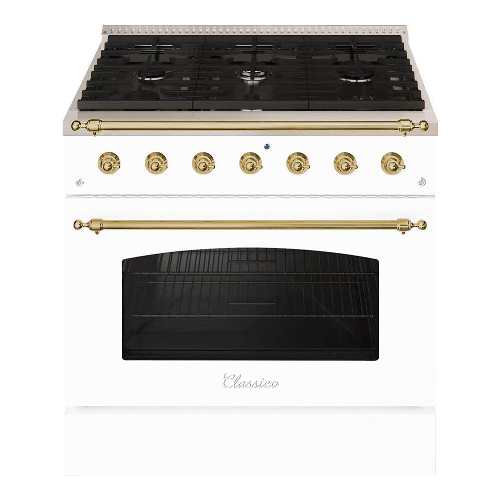 Hallman CLASSICO 36 in. 5.2 Cu. ft. 6 Burner Freestanding All Gas Range with LP Gas Stove and Gas Oven in White with Brass Trim HCLRG36BSWT-LP