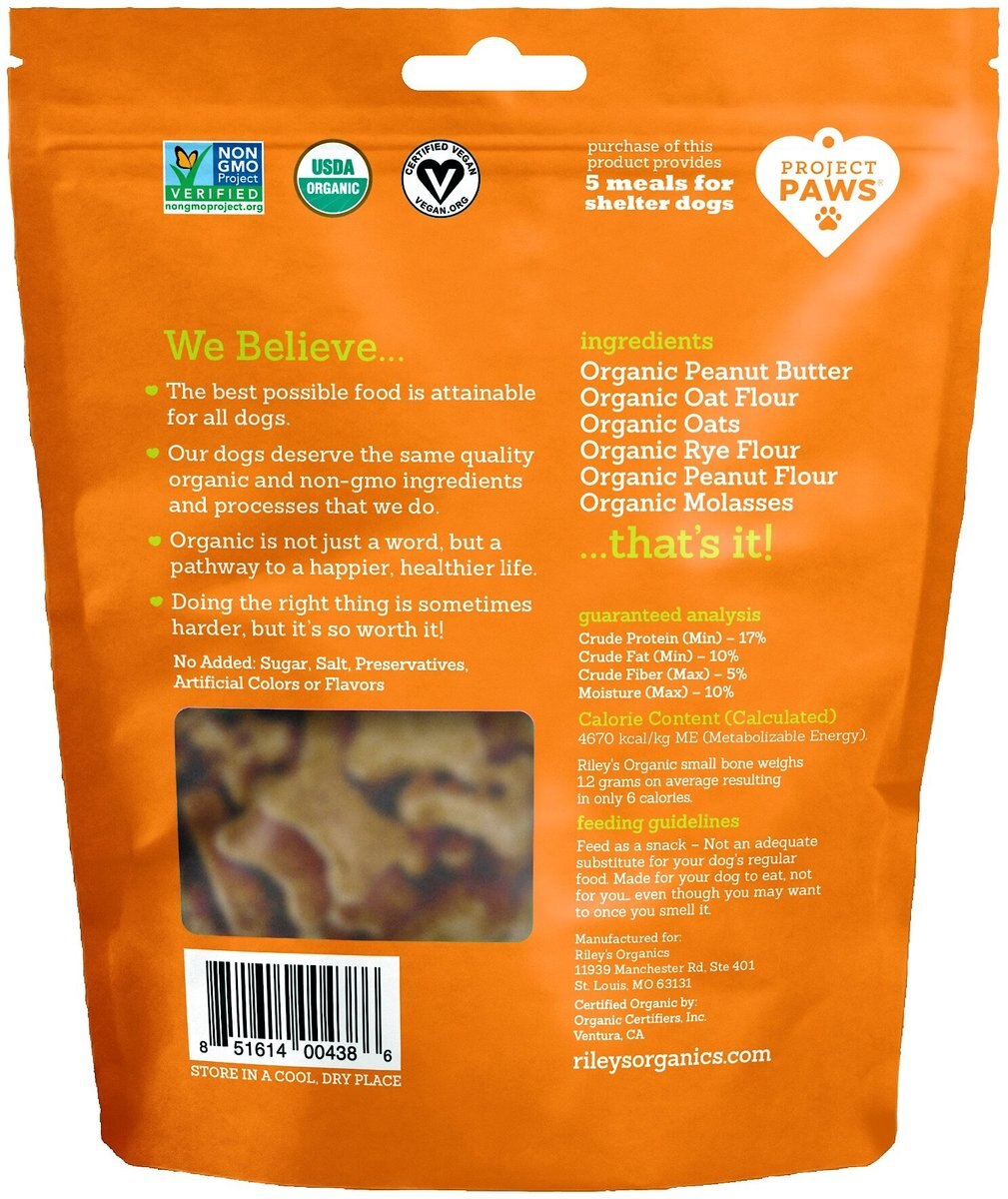 Riley's Organic Peanut Butter and Molasses Recipe Biscuit Dog Treat， Small， 5-oz bag