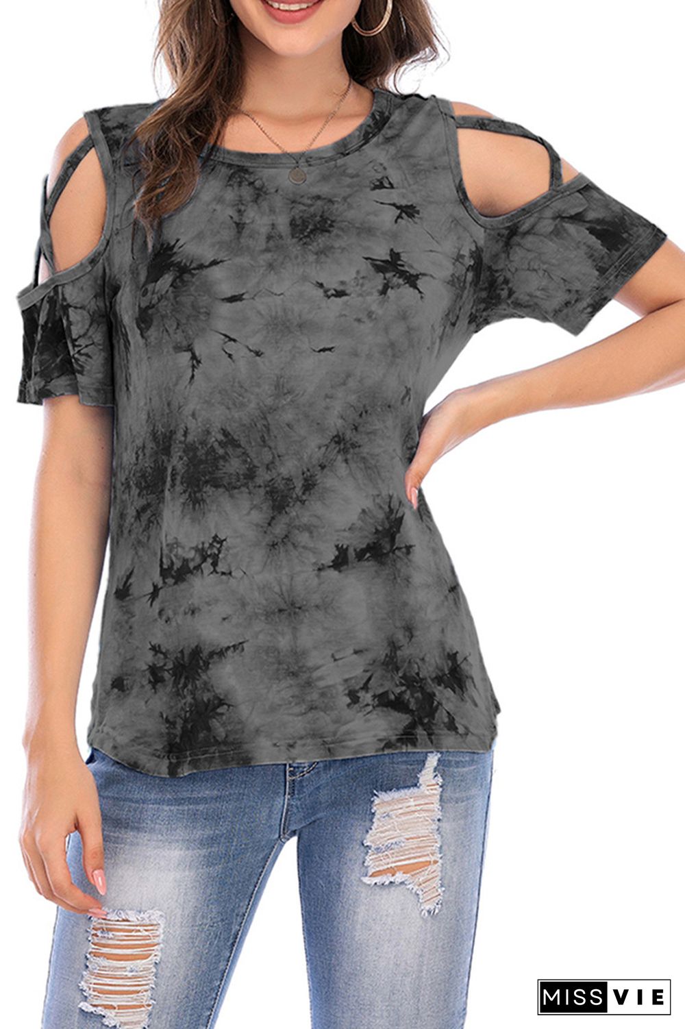 Criss-Cross Short Sleeve Crew Neck Tie Dye T-Shirt Wholesale