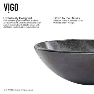 VIGO Glass Round Vessel Bathroom Sink in Onyx Gray with Seville Faucet and Pop-Up Drain in Matte Black VGT574