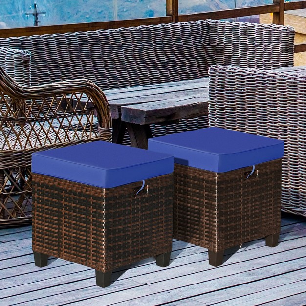 Tangkula Set Of 2 Patio Rattan Ottoman Footrest Garden Outdoor W Navy Cushion